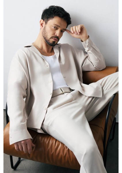 Erkek Bej Apaj Yaka Soft Touch Comfort Fit Gömlek A51Y2092
