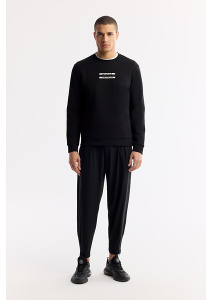 Erkek Regular Fit Siyah Bisiklet Yaka Baskılı Bi-Stretch İnterlok Sweatshirt A51Y1204