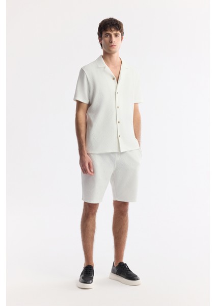 Erkek Ekru Apaj Yaka Viskon Karışımlı Jakarlı Kısa Kol Regular Fit Gömlek A51Y2144
