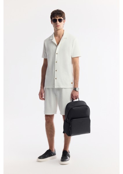 Erkek Ekru Apaj Yaka Viskon Karışımlı Jakarlı Kısa Kol Regular Fit Gömlek A51Y2144