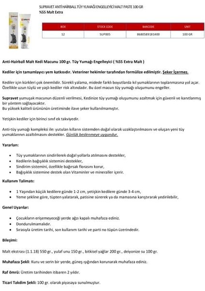 Anti-Hairball Malt Kedi Macunu 100 gr Tüy Yumağı Engelleyici ( %55 Extra Malt ) modelleri