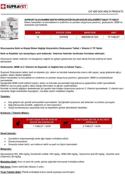 Glucosamine Kedi ve Köpek Sağlığı Glukozamin Tablet + Vitamin C 75 Tablet modelleri