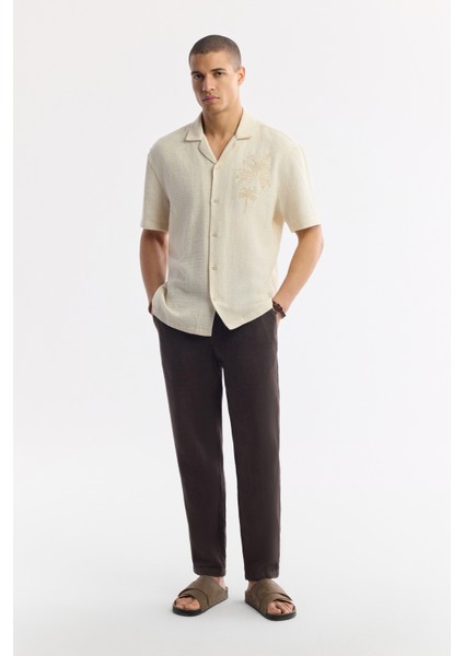 Erkek Bej Apaj Yaka Keten Karışımlı Kısa Kol Comfort Fit Gömlek A51Y2075