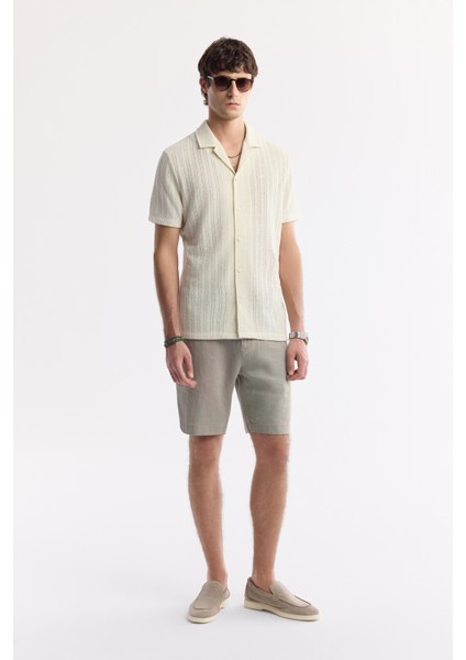 Erkek Ekru Apaj Yaka Jakarlı Keten Karışımlı Kısa Kol Regular Fit Gömlek A51Y2207 indirimleri
