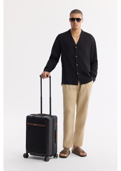 Erkek Siyah V Yaka %100 Keten Comfort Fit Gömlek A51Y2105