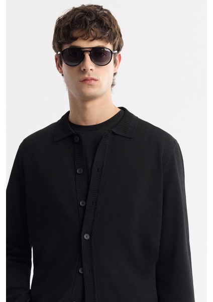 Erkek Siyah Polo Yaka Düğmeli Rayon Triko Regular Fit Hırka A51Y5008