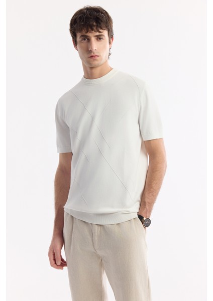 Erkek Ekru Bisiklet Yaka Rayon Triko Regular Fit T-Shirt A51Y5003