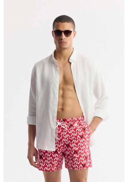 Erkek Kırmızı Hızlı Kuruyan Baskılı Çantalı Relaxed Fit Relaxed Fit Deniz Şortu A51Y3827