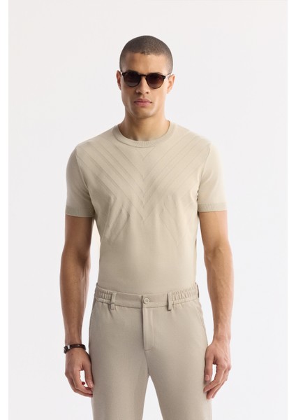 Erkek Bej Beli Lastikli Bi-Stretch Chino Slim Fit Pantolon B003033