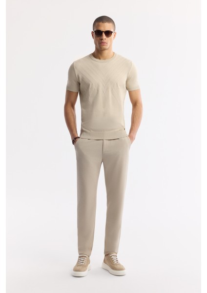 Erkek Bej Beli Lastikli Bi-Stretch Chino Slim Fit Pantolon B003033