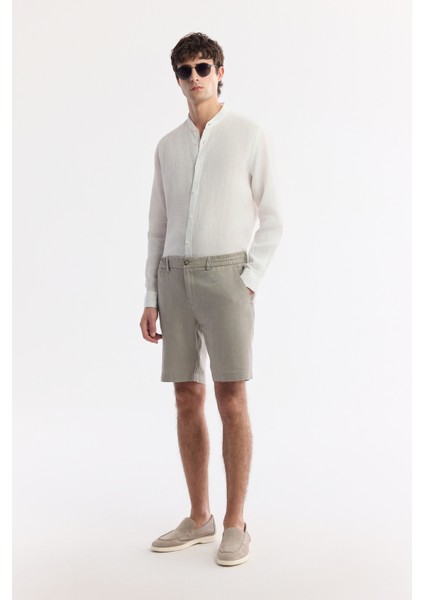 Erkek Gri Beli Lastikli %100 Keten Relaxed Fit Şort B003732