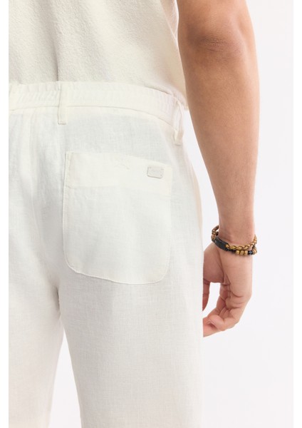 Erkek Beyaz Beli Lastikli %100 Keten Relaxed Fit Şort B003732