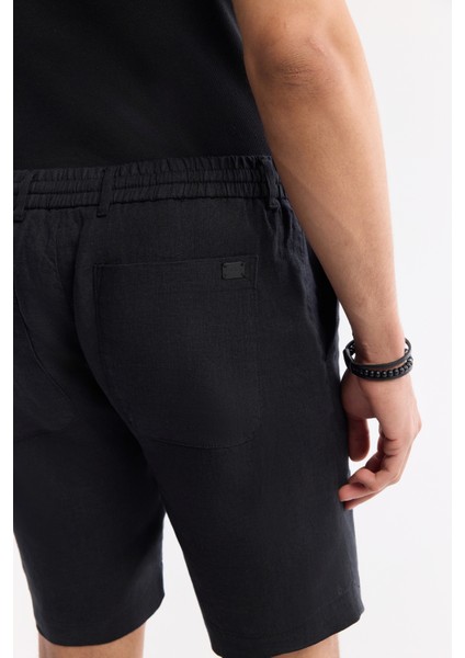 Erkek Siyah Beli Lastikli %100 Keten Relaxed Fit Şort B003732