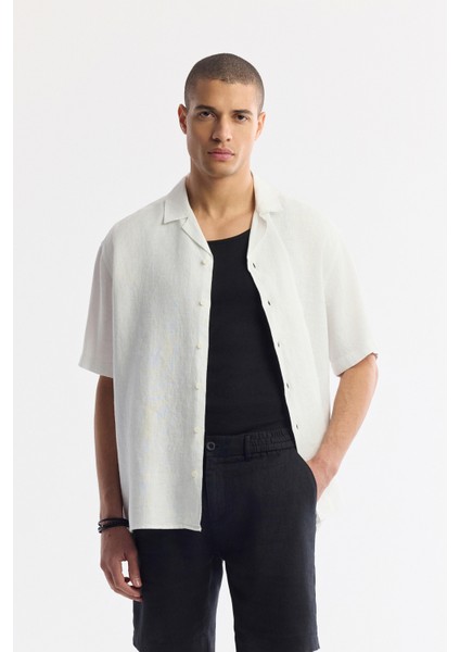 Erkek Siyah Beli Lastikli %100 Keten Relaxed Fit Şort B003732