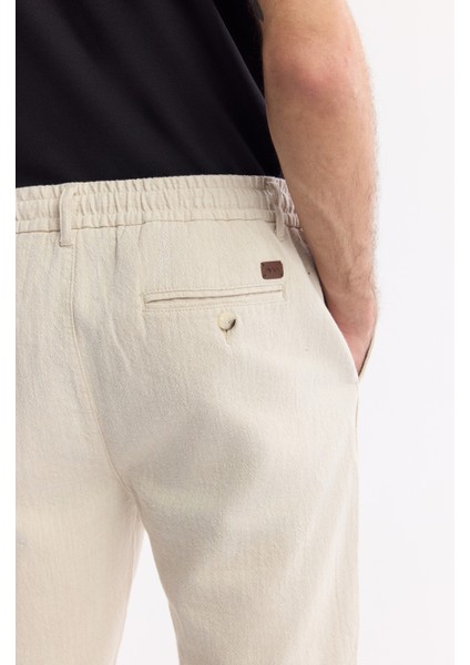 Erkek Bej Beli Lastikli Keten Karışımlı Relaxed Fit Şort B003731
