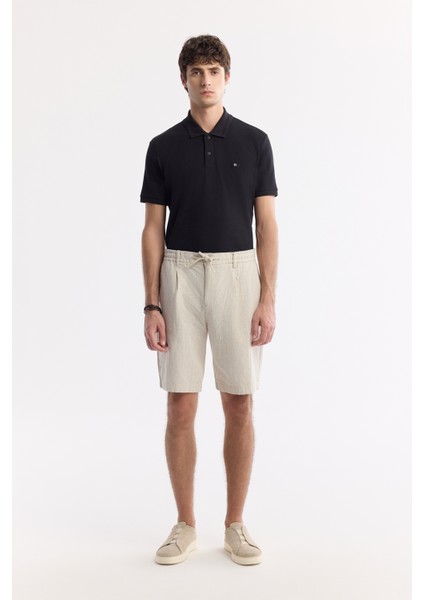 Erkek Bej Beli Lastikli Keten Karışımlı Relaxed Fit Şort B003731