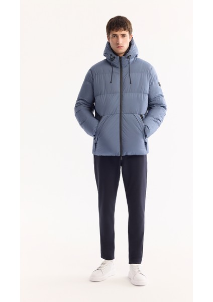 Erkek İndigo Kapüşonlu Su İtici Rüzgar Geçirmez Comfort Fit Şişme Mont B006046