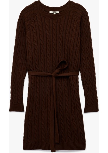 Uzun Kollu Bisiklet Yaka Kemerli Mini Boy Saç Örgü Triko Elbise