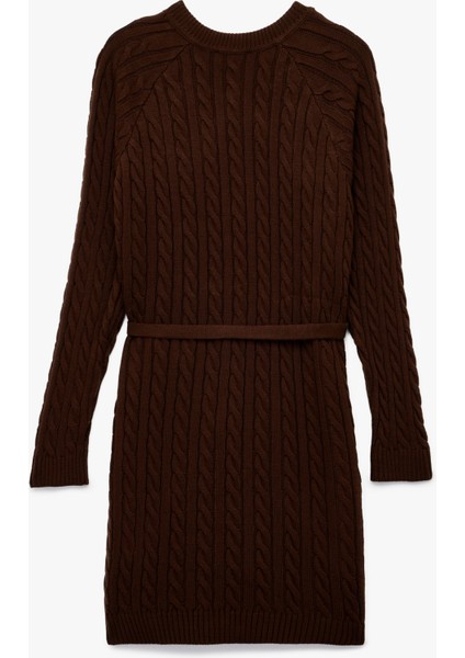 Uzun Kollu Bisiklet Yaka Kemerli Mini Boy Saç Örgü Triko Elbise fiyatları