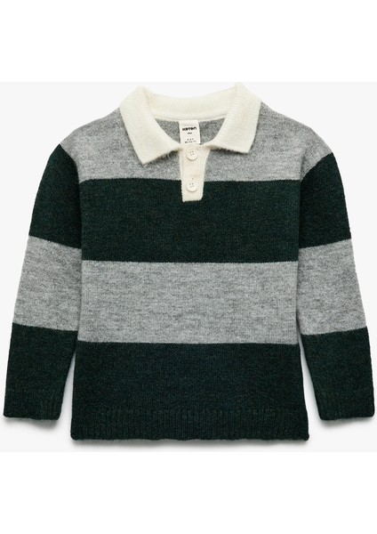 Uzun Kollu Renk Bloklu Düğmeli Polo Yaka Triko Kazak