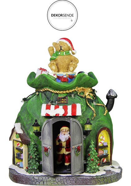 Yılbaşı Temalı Işıklı ve Müzikli Dekoratif Biblo Hediye Çuvalı Evi Yeşil 22 cm fiyatları
