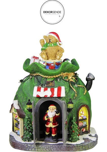 Yılbaşı Temalı Işıklı ve Müzikli Dekoratif Biblo Hediye Çuvalı Evi Yeşil 22 cm modelleri