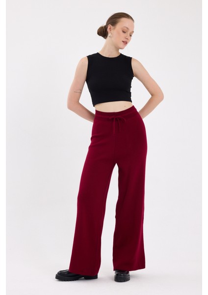 Bordo Yüksek Bel Triko Palazzo Kadın Pantolon 2251
