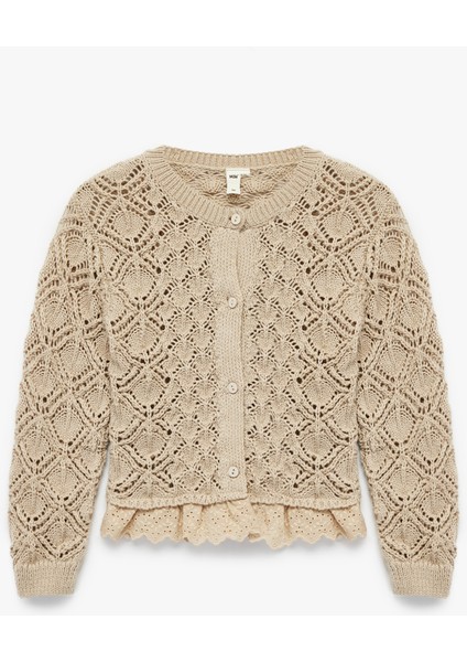 Uzun Kollu Ajurlu Fırfırlı Düğmeli Bisiklet Yaka Triko Hırka