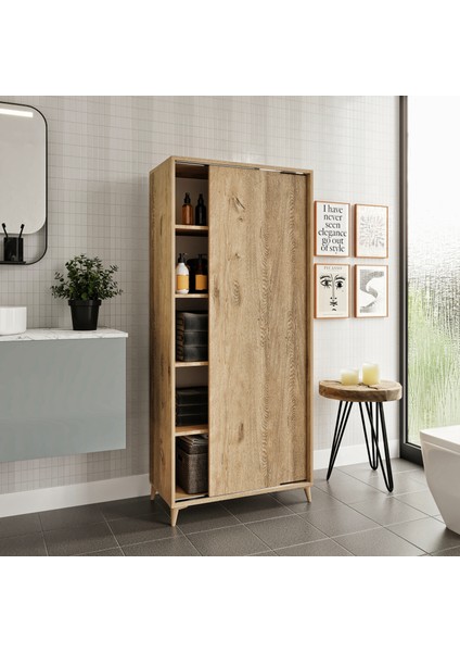 Sürgülü Çok Amaçlı Banyo Dolabı Meşe - Tamamı Mdf modelleri