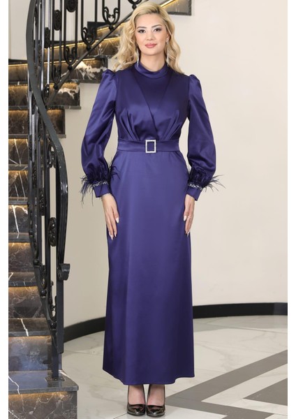 Lara Kemerli Saten Tesettür Abiye Lacivert