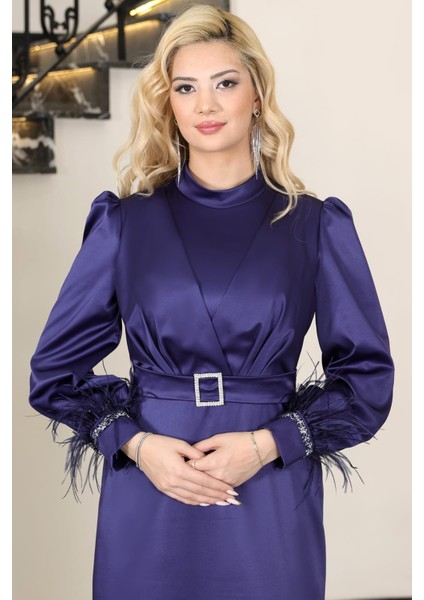 Lara Kemerli Saten Tesettür Abiye Lacivert fiyatları