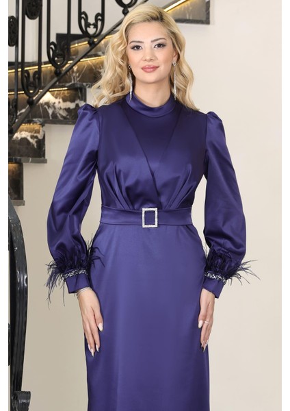 Lara Kemerli Saten Tesettür Abiye Lacivert modelleri