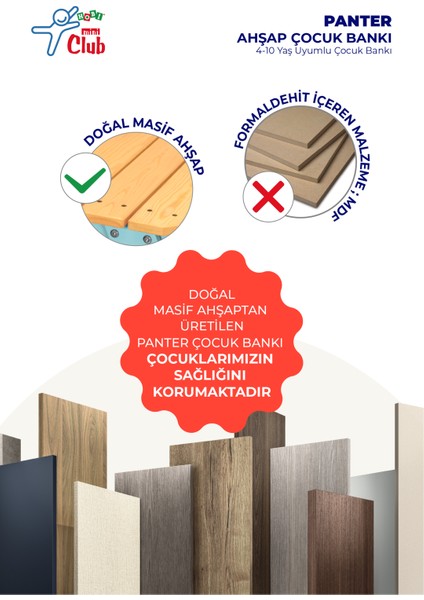 Panter Ahşap Çocuk Bankı 4-10 Yaş Uyumlu Çocuk Bankı