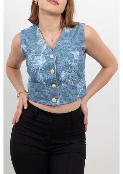 Kot Gabardin Yırtık Baskı Görünümlü Kısa Yelek 9131