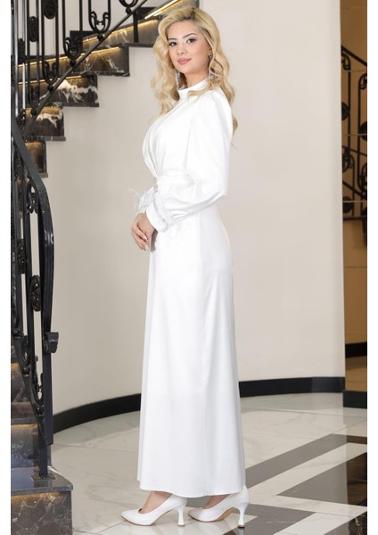 Lara Kemerli Saten Tesettür Abiye Beyaz modelleri