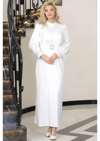 Lara Kemerli Saten Tesettür Abiye Beyaz fırsatları