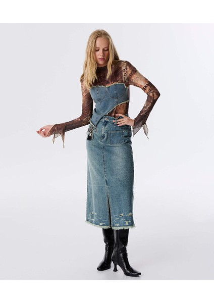 Çift Parça Görünüm Denim Mıx T-Shırt TW6250070051074 modelleri