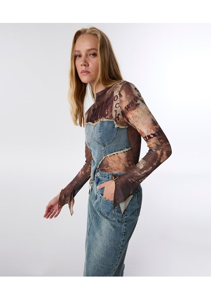 Çift Parça Görünüm Denim Mıx T-Shırt TW6250070051074 fırsatları