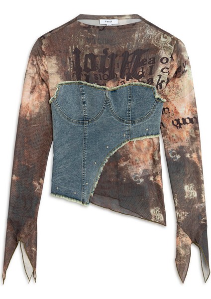 Çift Parça Görünüm Denim Mıx T-Shırt TW6250070051074 indirimleri