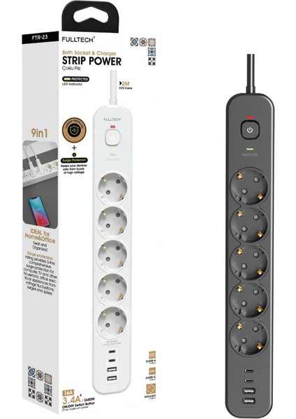 Akım Korumalı Priz, 5'li Priz Soketi, 5x Fiş Soketi, 2x USB Girişi, 2x Type-C Girişi, Isıya Dayanıklı Yapı, 2 Metre Kablo Uzunluğu, Aşırı Gerilim Koruyucu Çoğaltıcı (16A/3680W)