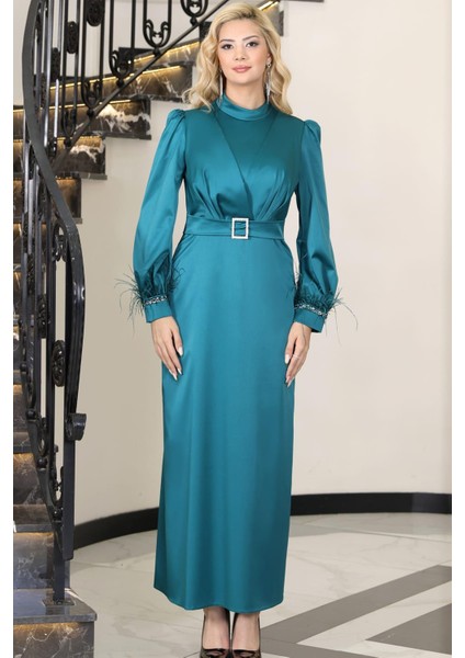 Lara Kemerli Saten Tesettür Abiye Petrol