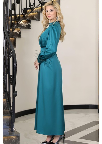 Lara Kemerli Saten Tesettür Abiye Petrol modelleri