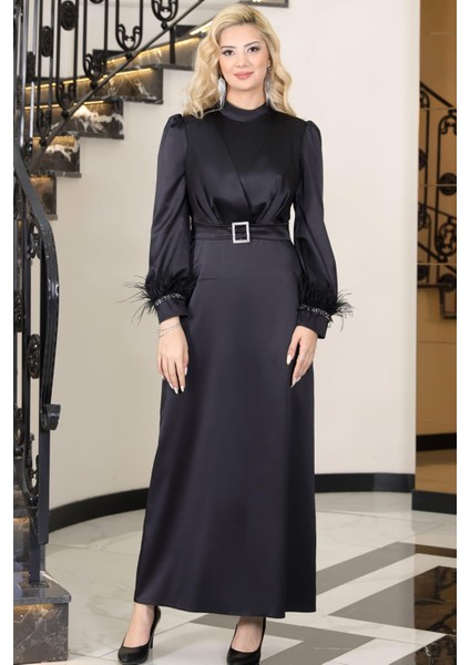 Lara Kemerli Saten Tesettür Abiye Siyah