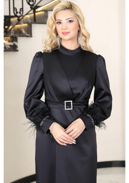 Lara Kemerli Saten Tesettür Abiye Siyah fiyatları