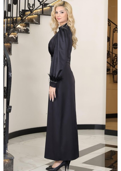 Lara Kemerli Saten Tesettür Abiye Siyah modelleri