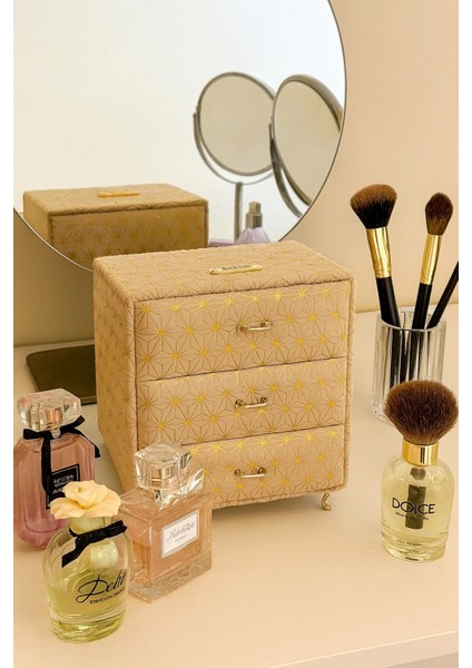 Dekoratif 3 Çekmeceli Kadife Takı Bijuteri Mücevher Kutusu Organizer Düzenleyici Krem