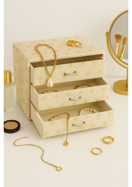 Dekoratif 3 Çekmeceli Kadife Takı Bijuteri Mücevher Kutusu Organizer Düzenleyici Krem modelleri