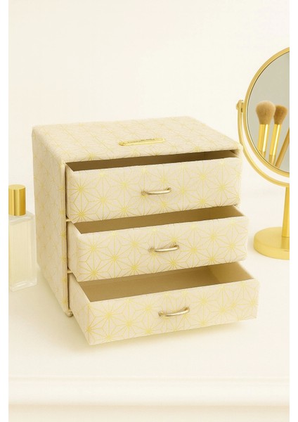 Dekoratif 3 Çekmeceli Kadife Takı Bijuteri Mücevher Kutusu Organizer Düzenleyici Krem fırsatları