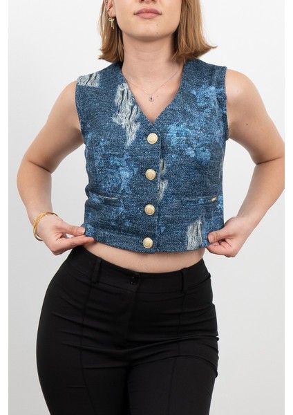 Kot Gabardin Yırtık Baskı Görünümlü Kısa Yelek 9131