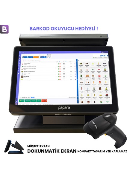 Mini Pos Pc (Dokunmatik) + Batu Yazılım Barkodlu Satış Sistemi (V1 - Yıllık Lisans, Tabancalı Barkod Okuyucu Hediyeli)